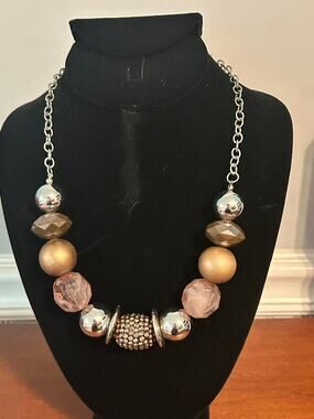 Chunky Statement Necklace Rhinestone Barrel Bead Mixed Media Silver Copper Blue